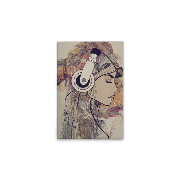 Leinwandbild mit einer Frau mit Kopfhörern vor einem abstrakten Hintergrund