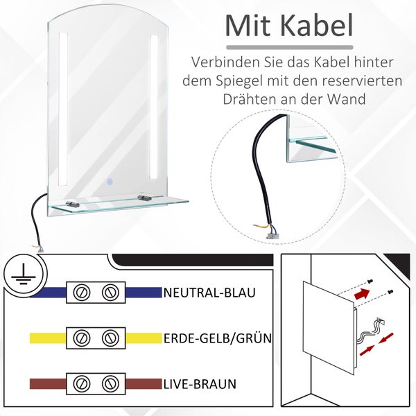 HOMCOM Badspiegel mit Ablage LED Lichtspiegel Badezimmerspiegel Wandspiegel 15W WC Spiegel Wasserdicht 50 x 15,5 x 70 cm