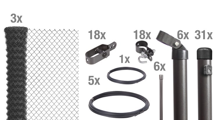 Maschendrahtzaun Set mit Zaunrollen, Pfosten, Spannern, Schellen, Spanndraht und Bindedraht für die Zaunmontage.