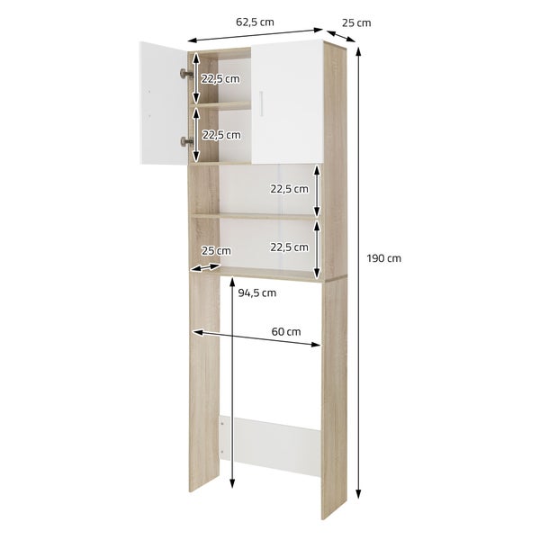 ECD Germany Waschmaschinenschrank mit 2 Türen und 2 offenen Fächern, 190x62,5 cm, Weiß/Sonoma-Eiche, Badezimmerschrank für Waschmaschine/Trockner, Hochschrank Badschrank Badregal Waschmaschinenüberbau
