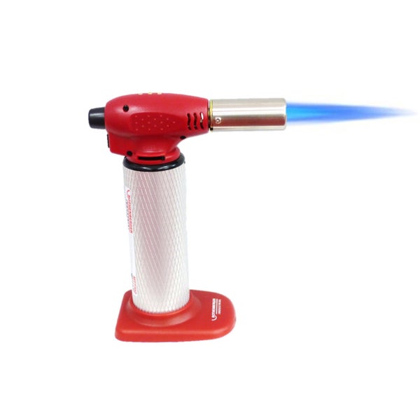 Rothenberger Industrial Mikrogasbrenner MT 7702 mit silbernem Griff, rotem Standfuß und blauer Flamme.