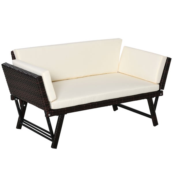 Outsunny Polyrattan Gartensofa, 2 Sitzer Loungesofa, klappbar Armlehnen, 129 x 63 x 67 cm, Stahl, Braun