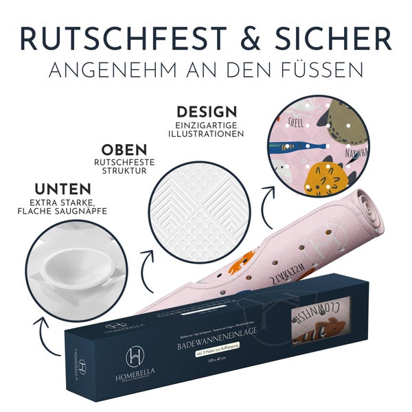 Homerella® Badewannenmatte rutschfest Kinder - 100% BPA frei Inkl. 2 Haken zum Aufhängen 100x40cm - Antirutschmatte Badewanne Baby hautsensitiv & schimmelresistent - Badematte rutschfest & waschbar