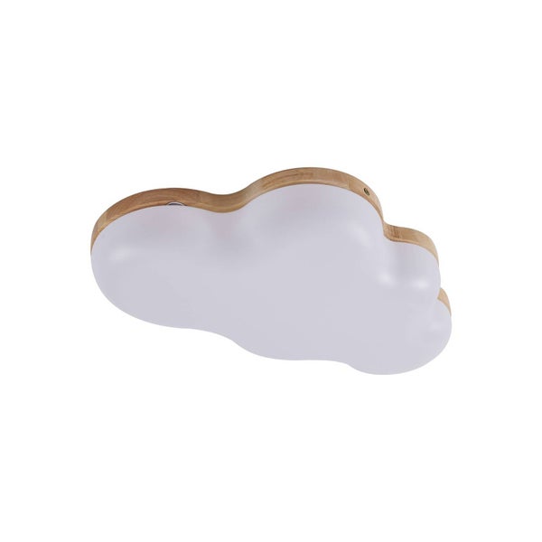 Wolkenförmige Deckenleuchte für das Kinderzimmer mit Holzrahmen und weißer Kunststoffabdeckung.
