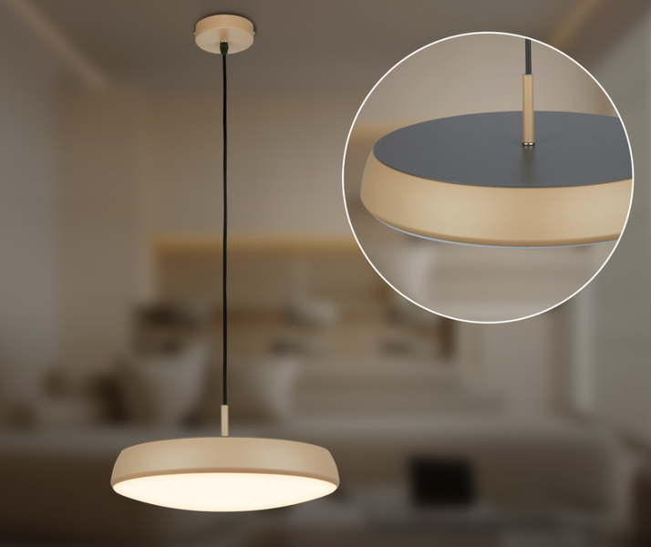 Moderne LED Hängeleuchte mit flachem, rundem Leuchtenschirm und schmalem Kabelanschluss für eine stilvolle Innenbeleuchtung.