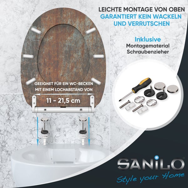 Sanilo WC-Sitz in Rost-Optik mit Montagematerial und Schraubendreher. Geeignet für Lochabstände von 11 bis 21,5 Zentimeter. Montage von oben.
