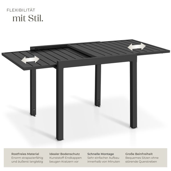 Ausziehbarer Gartentisch aus rostfreiem Material mit Lattenoberfläche und Bodenschutz.