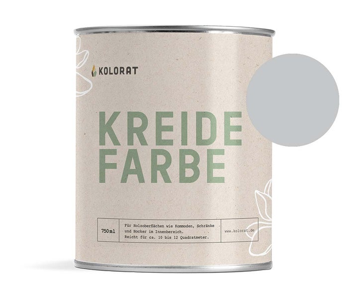 Kolorat Kreidefarbe für Möbel - ein softes, kühles Grau mit einem feinen Silberschimmer - Farbton Kieselklang Nr. 114. Matter Kreidelack für innen - Möbellack, Möbelfarbe - Holzfarbe - Kreidefarbe für Holz