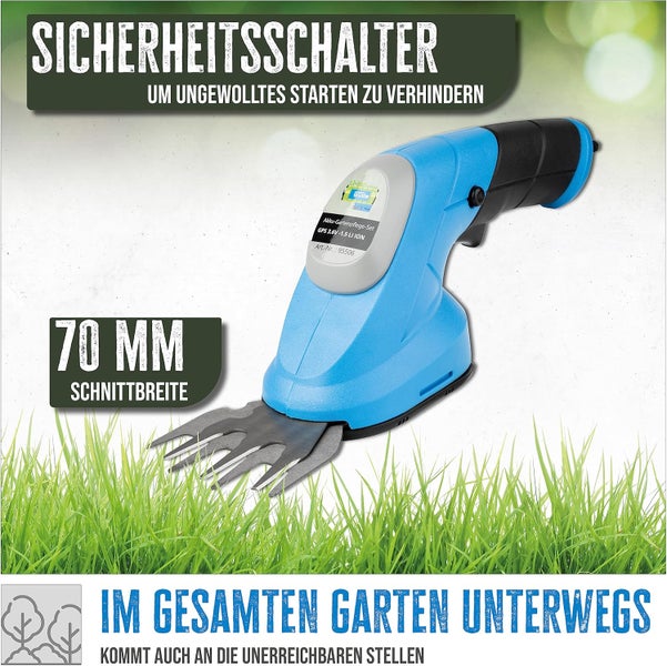 Güde Akku-Gras- und Strauchschere mit Sicherheitsschalter gegen unbeabsichtigtes Starten und 70 Millimeter Schnittbreite.