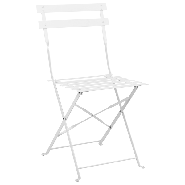 Klappbarer Bistro-Gartenstuhl aus Metall in Weiß mit Latten-Sitzfläche und Rückenlehne.