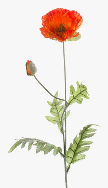 Künstliche Blume Mohn in Orange mit einer Blüte, einer Knospe und grünen Blättern an einem Stiel.