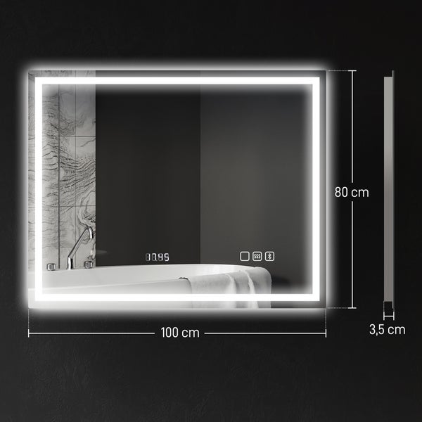 Rechteckiger Spiegel mit LED-Beleuchtung und den Maßen 100 x 80 x 3,5 cm