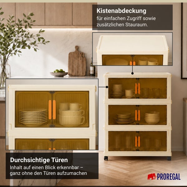 Stapelbares Küchenregal auf Rollen mit transparenten Türen und oberer Abdeckung in einer hellen, organisierten Küche. Proregal Logo.