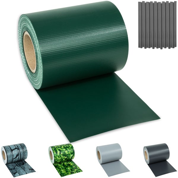 Sichtschutzstreifen für Stabmattenzäune auf Rolle inklusive Befestigungsclips, verschiedene Muster und Farben zur Auswahl.