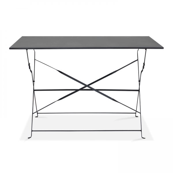 Klappbarer Balkontisch aus Metall in Schwarz mit Kreuzgestell.