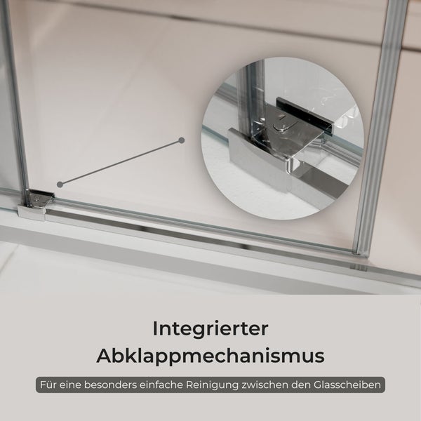 Integrierter Abklappmechanismus an einer Glas-Duschwand zur einfachen Reinigung zwischen den Glasscheiben.