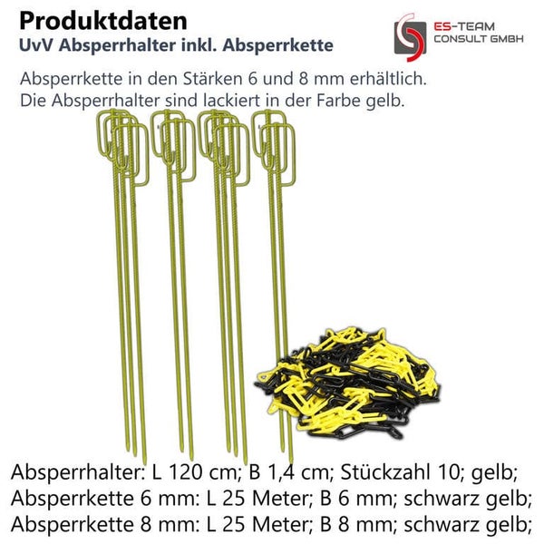 10x Absperrleinenhalter inkl. 25 Absperrkette Ø 14 x 1200mm, 25m viele Farben Absperrset / ROT 6mm