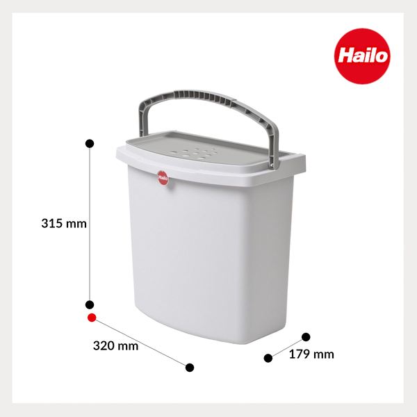 Hailo Bio-Abfalleimer mit Deckel und Griff, Maße 315 Millimeter Höhe, 320 Millimeter Breite, 179 Millimeter Tiefe. Hailo Logo.
