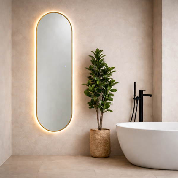 Ovaler LED-Badspiegel mit Goldrahmen und indirekter Beleuchtung in einem modernen Badezimmer mit Badewanne und Pflanze.