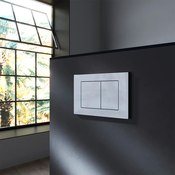 Betätigungsplatte für Spülkasten an einer Wand im Badezimmer