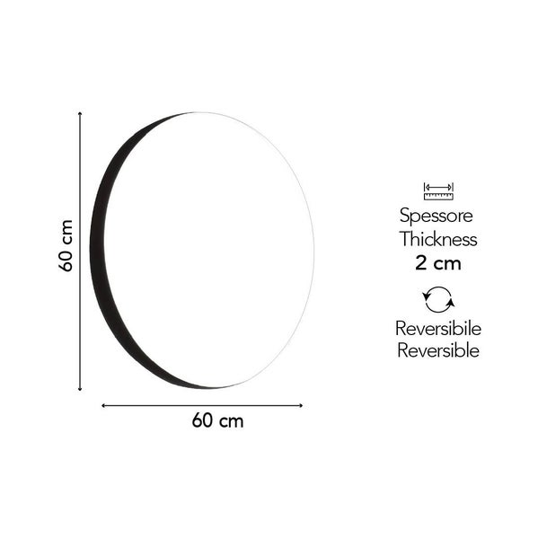 Runder Spiegel mit einem Durchmesser von 60 Zentimeter und einer Stärke von 2 Zentimeter. Der Spiegel ist beidseitig verwendbar.