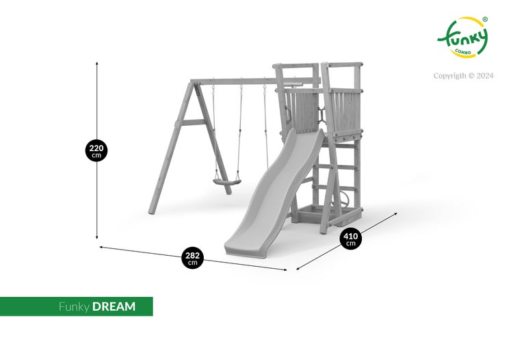 Holz-Spielturm Funky DREAM mit Schaukel und Rutsche. Höhe 220 Zentimeter, Breite 282 Zentimeter, Tiefe 410 Zentimeter. Funky COMBO Logo.