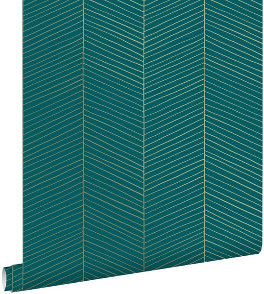 ESTAhome Tapete Fischgrätmuster Smaragdgrün und Gold - 0,53 x 10,05 m - 139200