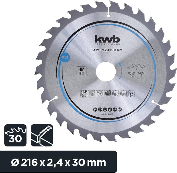 kwb Kreissägeblatt 216 x 30 mm - Schneller Schnitt, geeignet für Weich- und Hartholz, Tischlerplatten und Spanplatten - Hartmetall-Zähne, flexibles Stammblatt