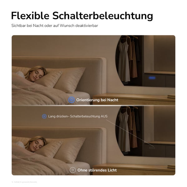 Wandspiegel im Schlafzimmer mit flexibler Touch-Schalter-Beleuchtung, die für die Nachtorientierung ein- oder ausgeschaltet werden kann.
