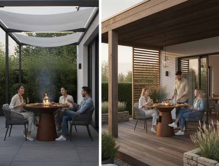 Szene mit einer Gruppe von Personen, die an einem runden Tisch sitzen und eine Mahlzeit im Freien genießen, mit einem Terrassendach im Hintergrund.