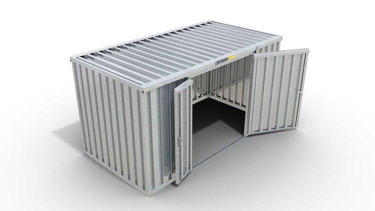 Lagercontainer Gerätehaus XXL  – 12 qm, H2115 x B6080 x T2170 mm, verzinkt, ohne Fußboden, 1830 mm Doppelflügeltür mittig in Breitseite, zerlegt