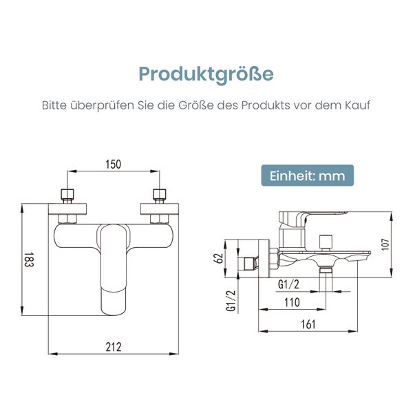 EMKE Duscharmatur Schwarz Matt, Einhebelmischer für Dusche, Moderne Mischbatterie Bad, Einhand-Brausearmatur mit G1/2 Anschluss, Stilvolle Badarmatur für Badezimmer,212mm x 183mm