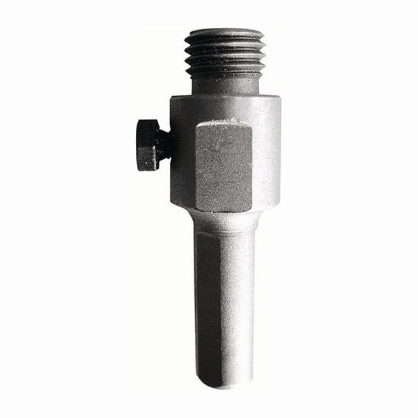 Metalladapter mit Außengewinde oben und Sechskantschaft unten, inklusive seitlicher Feststellschraube.