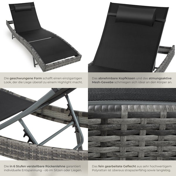 Rattan Sonnenliege tectake Moana 69 x 211 x 41 - 94 cm widerstandsfähig und UV-beständig grau-meliert