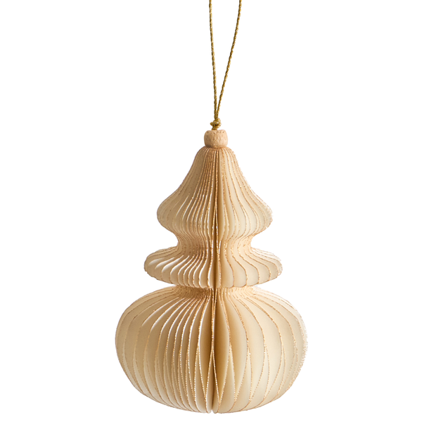Weihnachtsanhänger aus cremefarbenem Papier in Tannenform mit goldenem Glitzerrand und Aufhängeband.