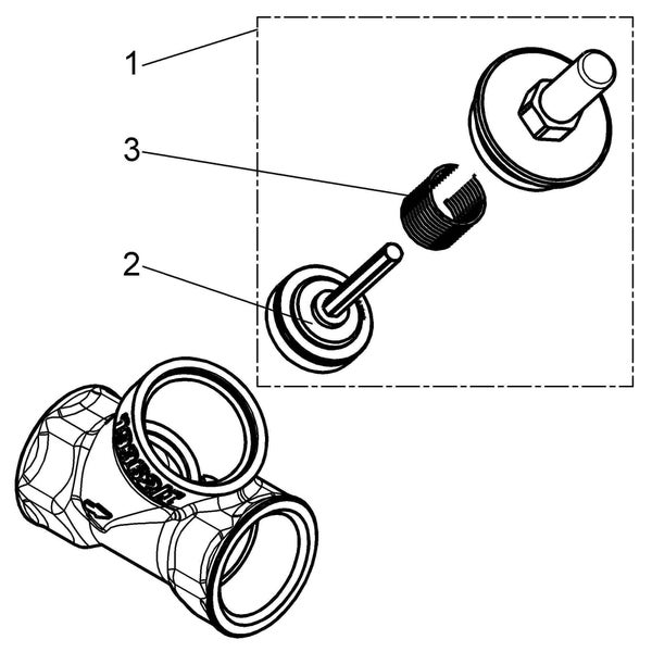 Explosionszeichnung einer Armatur mit nummerierten Ersatzteilen wie Dichtung und Gewindeeinsatz.