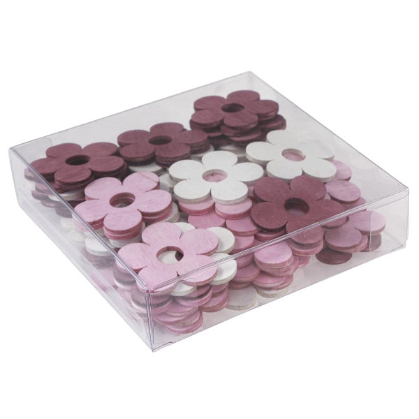 Dekorative Holzblumen in einer transparenten Kunststoffbox