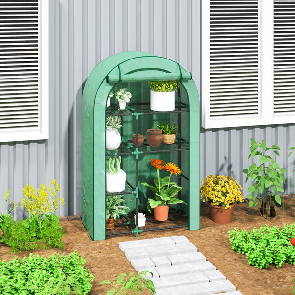 Outsunny Gewächshaus mit Runddach Tür, Regale, winterfest Foliengewächshaus aus Stahl, Treibhaus für Balkon, Garten, Tomatenhaus 100 x 45 x 160 cm, Tomatengewächshaus für Tomaten, Gemüse, Blumen, Grün