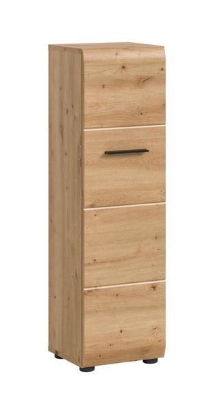 Hoher Badezimmer-Seitenschrank in Eiche-Optik mit vier Fächern und einem schwarzen Griff.