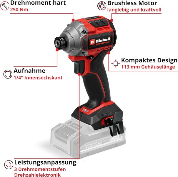 Einhell Professional Schlagschrauber, bürstenloser Motor, 250 Newtonmeter, 3 Stufen, 113 Millimeter Länge, ein Viertel Zoll Innensechskant.