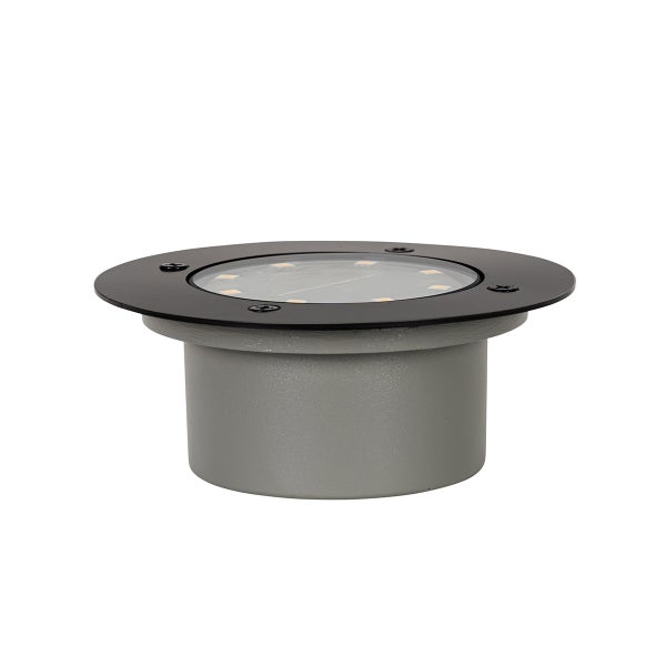 Runder Solar-Bodeneinbaustrahler aus Metall und Glas für den Außenbereich.