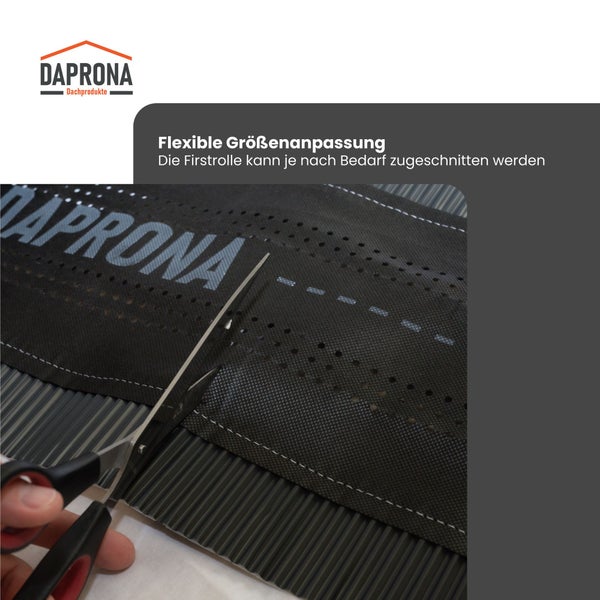 Daprona Logo, Firstrolle wird für die flexible Größenanpassung mit einer Schere zugeschnitten.