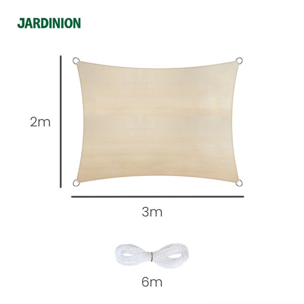 Jardinion Logo. Rechteckiges Sonnensegel in Beige, 2 mal 3 Meter. Inklusive 6 Meter Befestigungsseil und Metallringen.