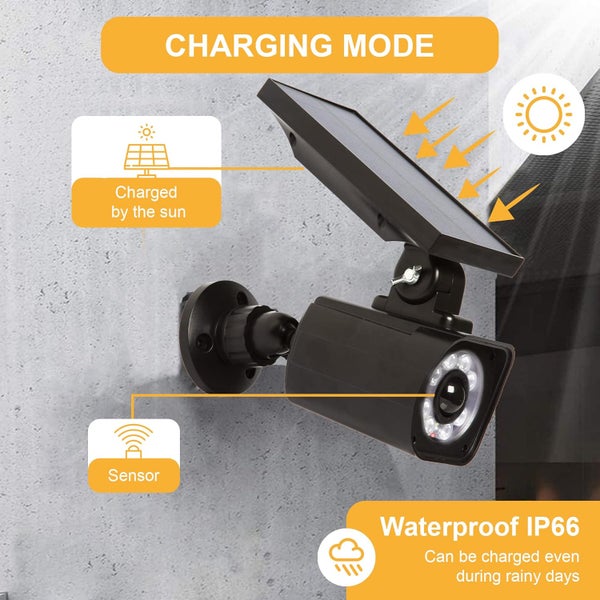 Proxinova Kamera Attrappe Außenbereich, Dummy Kamera Außen Mit Solar Panel, LED Strahler, PIR Solar Fake Kamera, Nachhaltige Beleuchtung, LED Glühbirnen, IP65 Wasserdicht [Energieklasse A]