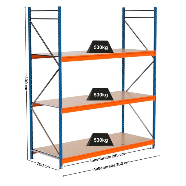 Lagerregal mit drei Ebenen, maximale Traglast 530 Kilogramm pro Ebene, Höhe 300 Zentimeter, Innere Breite 245 Zentimeter, Äußere Breite 260 Zentimeter