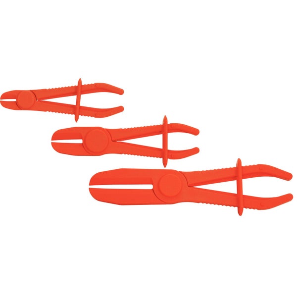 Dreiteiliges Schlauch-Abklemmzangen-Set aus Kunststoff in verschiedenen Größen in Orange.