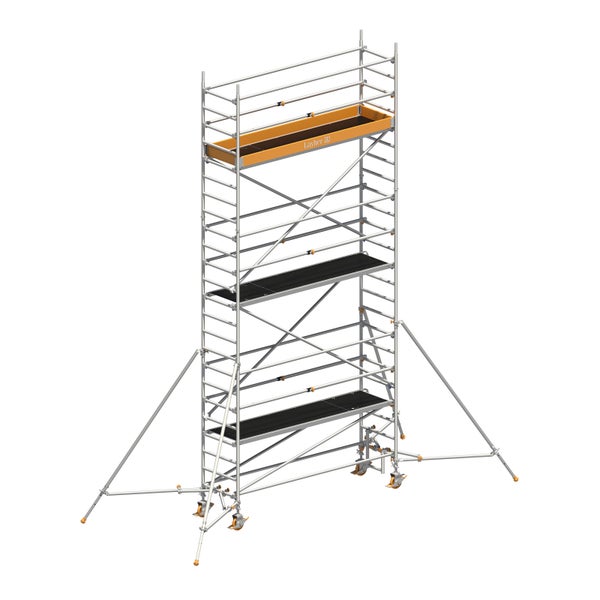 Rollgerüst mit Arbeitsbühnen und Layher Logo