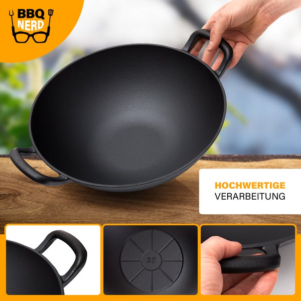 BBQ Nerd Gusseisen Wok Ø 33,5 cm für asiatische Gerichte und mehr | Antihaftpfanne mit exzellenter Wärmeleitung | Wokpfanne für Grill Feuerstelle Herd einschl. Induktion