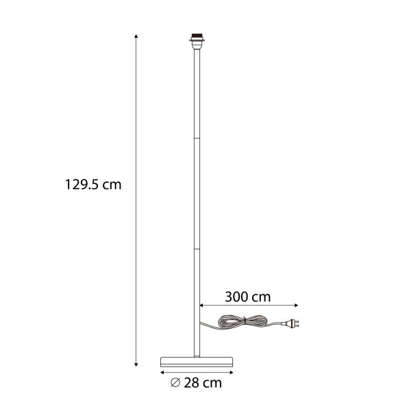 Maßzeichnung einer Stehleuchte: Höhe 129,5 Zentimeter, Fußdurchmesser 28 Zentimeter, Kabellänge 300 Zentimeter.