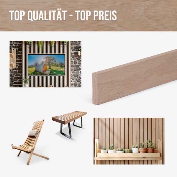 Produktcollage mit Holzpaneelen, Holzleiste, Holzbank, Holzregal und Holzstuhl